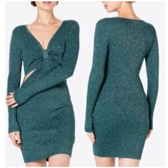 Abercrombie & Fitch Metallic Knit Cutout Sweater Dress Small Teal Long Sleeve - Picture 4 of 4